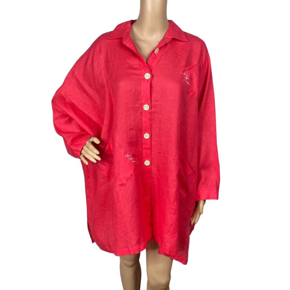 NWT Shirtz Linen Tunic Top Red Pink Oversized Asymmetric Lagenlook Artsy 2